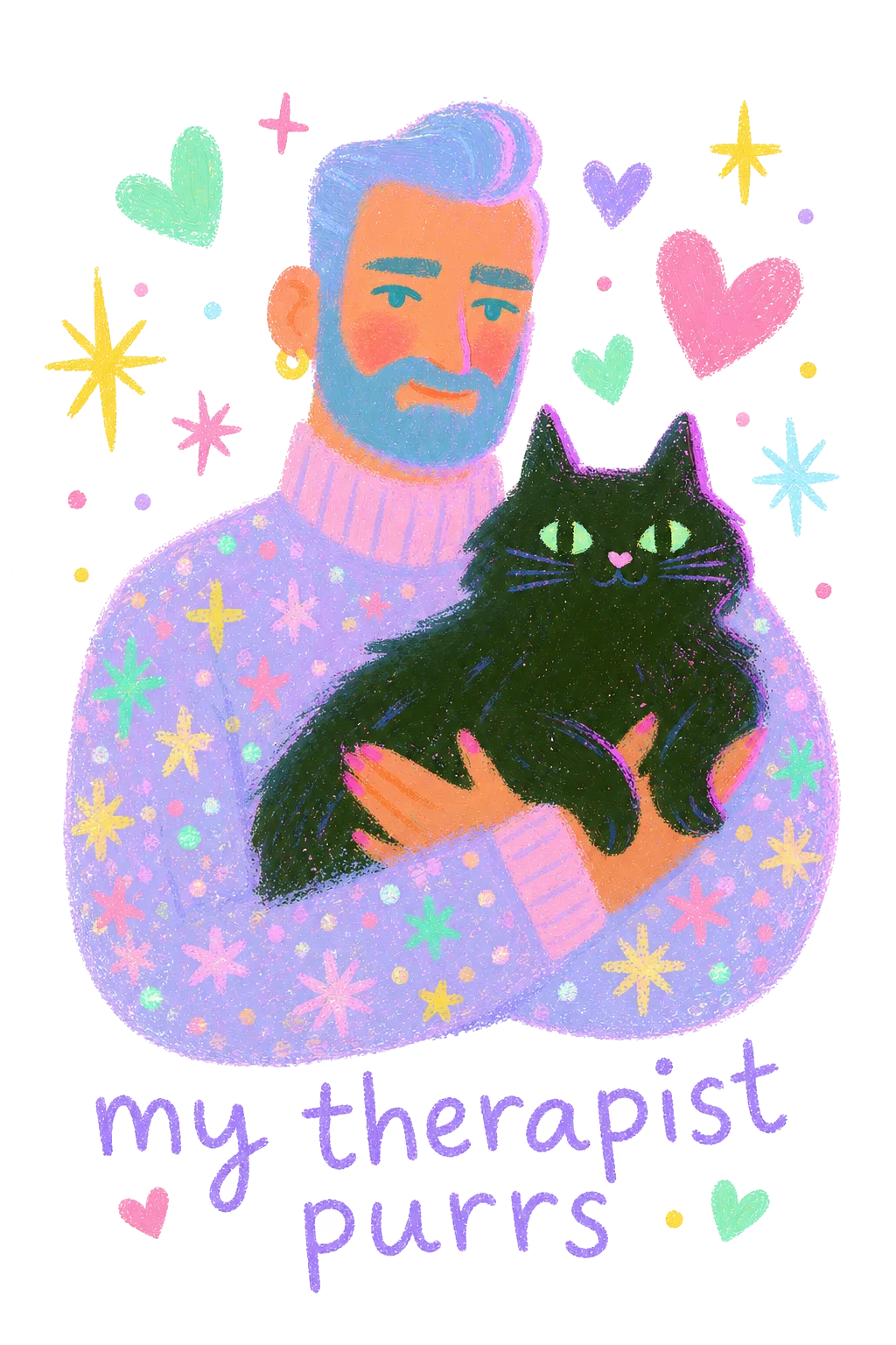 My Therapist Purrs print art, up close