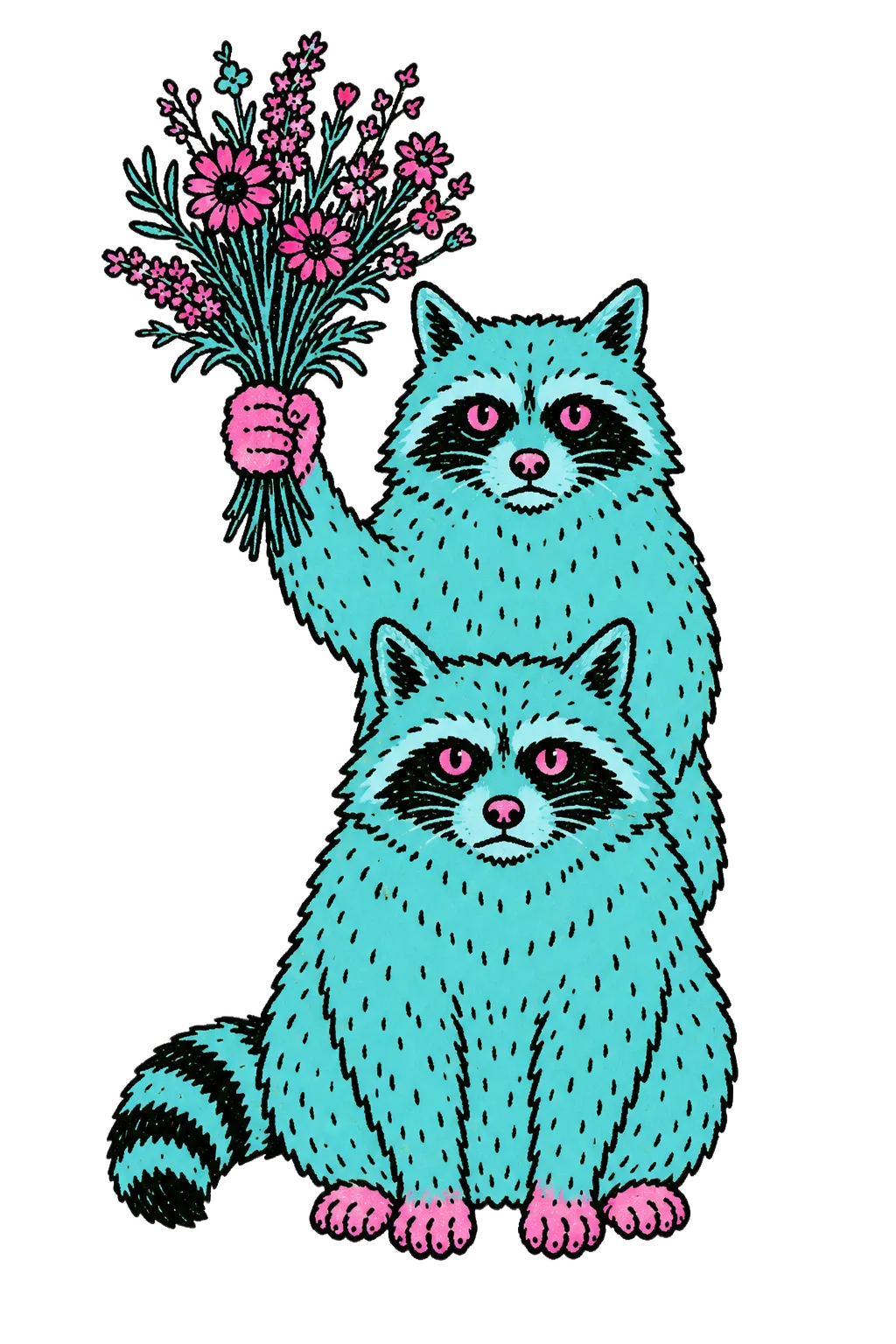Wildflower Raccoons print art, up close